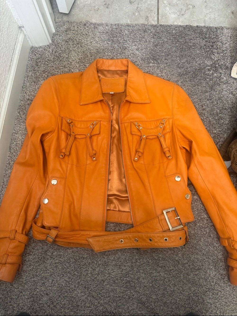 Mertillo Women’s Orange Leather Jacket with Belt 100% leather